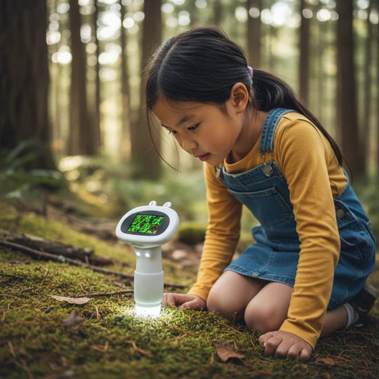 Niña investigando en el bosque
